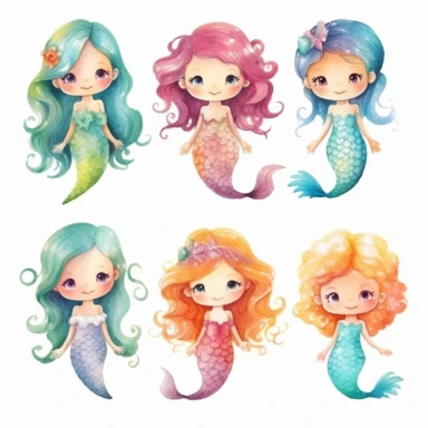 very simple watercolour childrens book style drawing of different isolated happy cute mermaids , pastel colours soft on white background for clipart, 8k