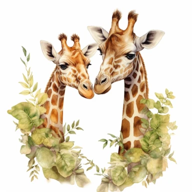 pair of cute giraffes, elegantly grazing on treetop leaves, their long necks reaching new heights, soft pastel colors, clipart, on a white background