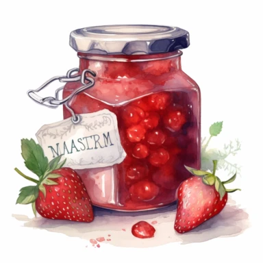 hand drawn strawberry jam in a jar ,very detailed and realistic , watercolor, white background with margins, clipart style