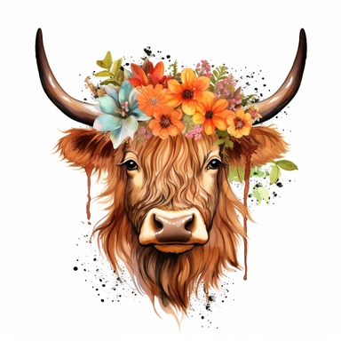 Highland Cow With Flower Crown Clipart, flat water splash color for tshirt design, white background