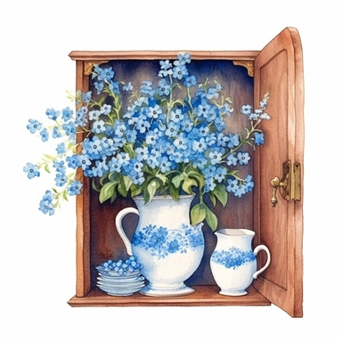Myosotis, cupboard, watercolor, white background, clipart