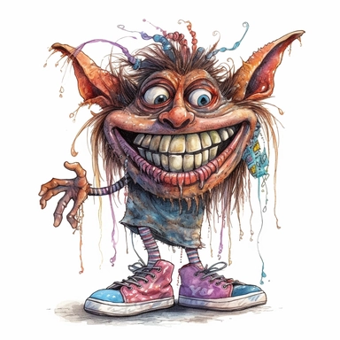 HAPPYCORE detailed illustration of a whimsical magical TROLL creature in a creepy, eerie style with a sense of FUN IN A SPOOKY WAY, featuring large shoes, large eyes, and a big grin, watercolor and ink,clip art, cartoon, 8k, ar 9:8