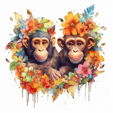 funny monkeys and flowers illustration clipart, detailed, black outline, white background, 4k, watercolor, digital art