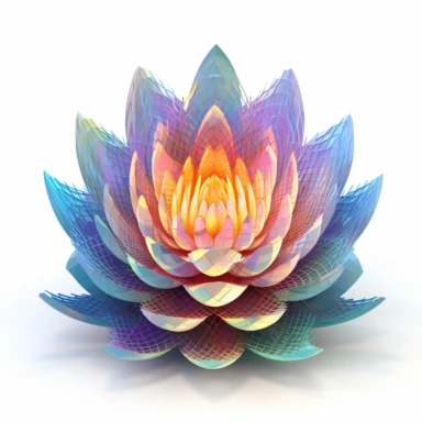 clipart of geometric 3D lotus flower, matrix code, intricate, vibrant chakra colors, sacred geometrical patterns, on white background