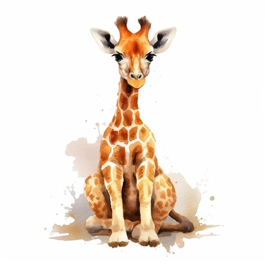 cute Giraffe Clipart sitting and smiling in the style of oil painting, on a white background