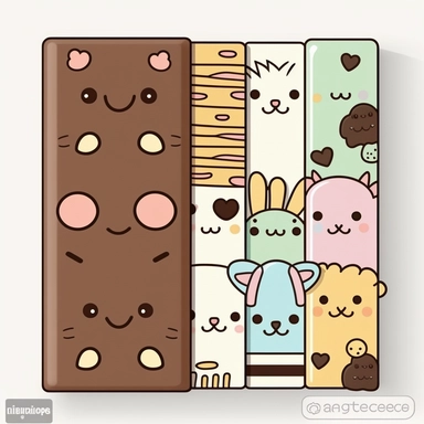 clipart of a kawaii chocolate bar with animal faces and fun designs, pastel colors, thick outline, thick lines, isolated on white background, Yoshitomo Nara