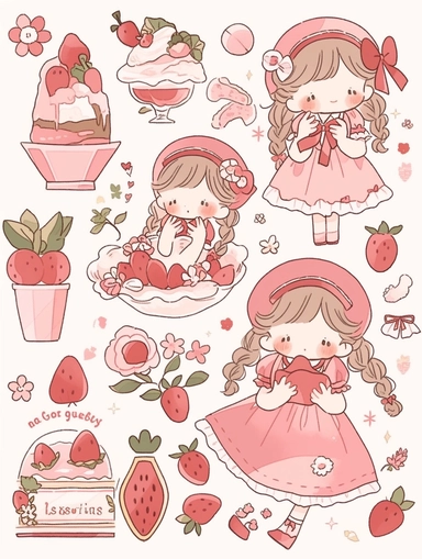 a sticker clipart drawing of a girl with a strawberry and, in the style of booru, dreamlike motifs, group material, outdoor scenes, sleepycore, collecting and modes of display, light pink and red