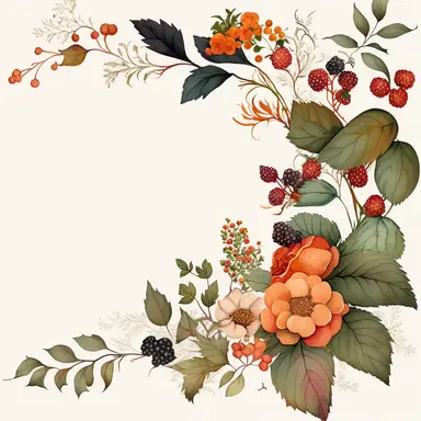 watercolor dusty red floral in the far bottom left corner and far top right coner only, and blackberries in the far bottom left left corner and far up right corner only, clipart, orange, white background, no text
