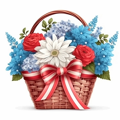 Red and blue and white flower basket clipart, red and blue ribbons, high detailed, realistic detail, illustration style, high solution, isolated on the white background