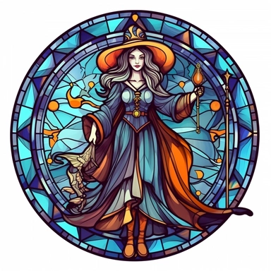 Vintage Colorful Beautiful Stained glass Witch Sublimation Clipart,Cartoon, hyper realistic, intricate detail, illustration style,high solution,on the white background