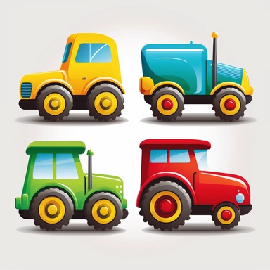 cute colourful vibrant red, green, blue an yellow farm tractor vehicles, each side profile view front view, rounded edges, rounded corners, detailed vector clean illustration, clipart, svg, white background
