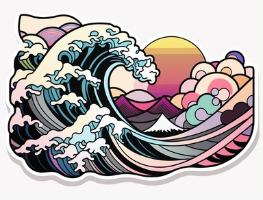 discreet and minimalist, a cute, kawaii, vector, great hokusai surfing wave, psychedelic surrealism, pastel colors, subtle gradients, aurorapunk, massurealism, lisa frank style, geometric, clipart, black contour, sticker, isolated on a white background, 8k 3d