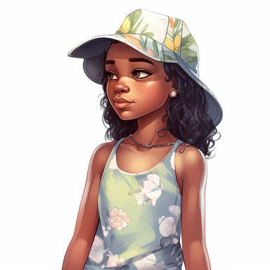 a drawing of a curious little black girl wearing a baseball cap and tshirt, pretty summer sundress, black girl fantasy, cartoon illustrations, vector clipart, in the style of 32k uhd, lilia alvarado, walt disney, depictions of aristocracy, childlike, photorealistic details, white background