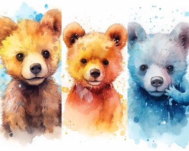 baby bear , a watercolor clipart set, in the style of cyril rolando, patricia piccinini, robert hagan, witty and clever cartoons, wildlife photography, contest winner, texture-rich canvases