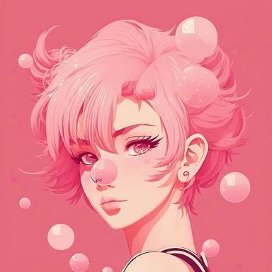 anime, 2d, matte color, beautiful girl, big eyelashes, bubblegum, makeup, sassy, pink background, minimal, vector art, clipart