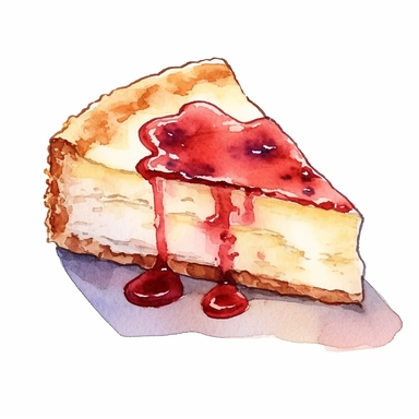 watercolor, hand drawn cheesecake at a bakery clipart, hd, white background, spaced out--ar 3:2