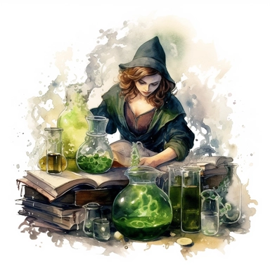medieval woman practicing alchemy, surrounded by bubbling potions and ancient texts, stylish | COLOR THEME: dark green, olive green, army green, black, light pink | watercolor, clipart, hyperrealistic, white background