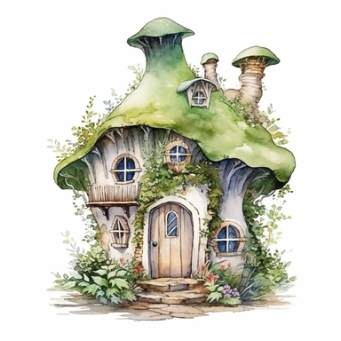 fairy tiny house, in the forest, fairy, fairyland, wiccan, fantasy , watercolor by sarah Kay, clipart, on white background