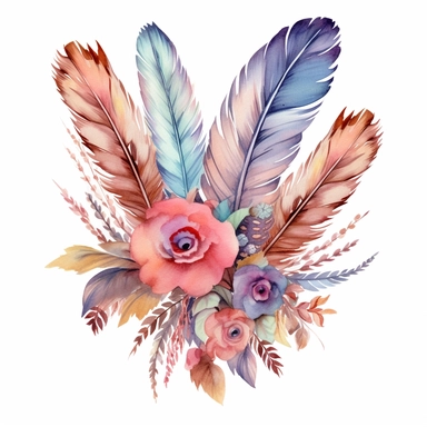 Create a mesmerizing composition of boho flowers and delicate feathers in a watercolor style. The vibrant colors and intricate details of the floral clipart bouquets and feathers come together to form a captivating artwork. Let the bohemian spirit of nature and freedom inspire this enchanting design.