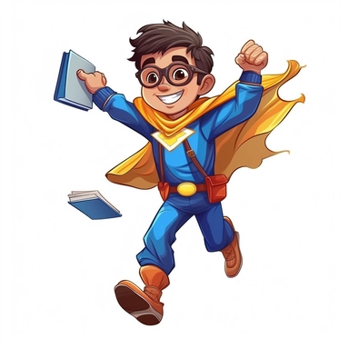 Young boy, 7 years old, dressed like a superhero, flying like superman and holding school books, vector style graphic, positive vibe, clipart, single design, white background