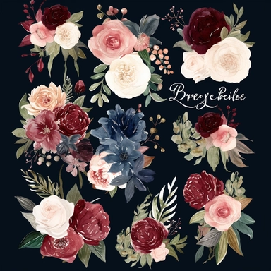 Create an enchanting collection of ultra-detailed watercolor floral clipart, showcasing a mesmerizing color palette of navy, burgundy, and blush. The clipart should capture the richness and depth of these tones, evoking a sense of sophistication and romance. Incorporate a variety of floral elements, including roses, peonies, and other elegant blooms, each meticulously painted to emphasize their unique textures and intricate details. Design the clipart with a focus on wedding themes, allowing for
