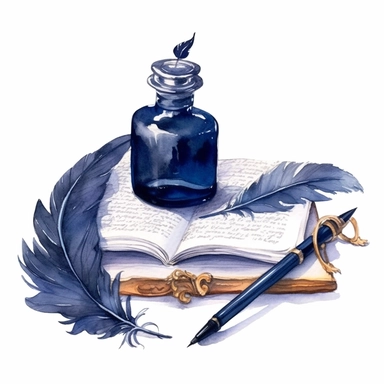 watercolor, hyper realistic, white background, white margins, 16k, ultra detailed clipart, cut out image, hand-drawn, whimsical manhwa style, ultra HD, sharp and clean art A quill pen and inkwell sitting on a velvet cushion, with a romantic old-fashioned love letter partially written, on a background of deep midnight blue.