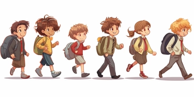 different back to school clipart pictures kid walking and running over to the school bus, in the style of charming anime characters, emotive body language, animated gifs, detailed costumes, red and beige, toy-like proportions