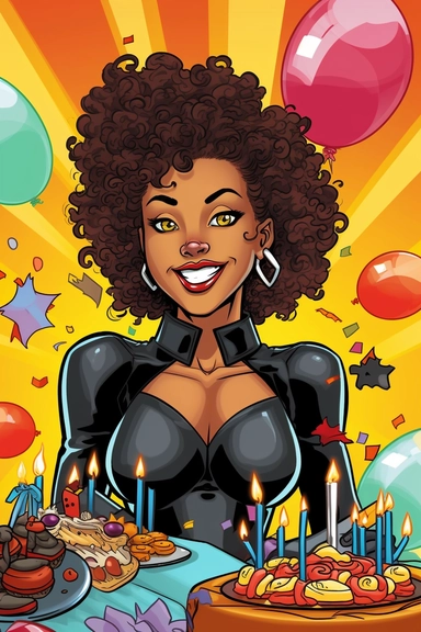 Generate a comic book-style clipart image of a black female superhero character's birthday celebration. Use bold and vibrant colors, along with dynamic speech bubbles, to create a sense of excitement. Include elements like cake, gifts, and party decorations in a comic book panel layout