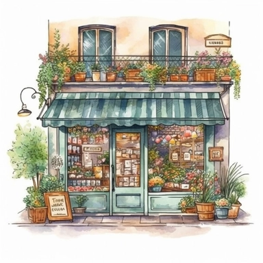 ultra realistic commercial shot of watercolor illustration style of small cute french cafe view clipart, glowing plants clipart, delicious pastry, illustration style, 8k trending in etsy, super bright vivid, svg, white background, art nouveau art style, ink contour