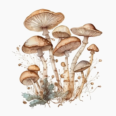 watercolor, a bunch of thin loong mashrooms in pastel beige color, a lot of details, good quality illustration, clipart, white background