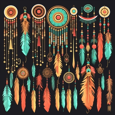 Bohemian Elements: Create clipart featuring key bohemian decorative elements like tassels, fringes, macrame, beads, and feathers. These elements can be used individually or combined to create unique compositions with with vibrant colors, organic shapes, and a sense of free-spiritedness