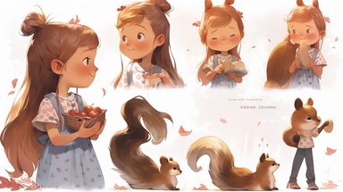 squirrel and Acorn, Little girl exploring, character sheet, illustration for book, children's book, 2 clipart, fiorucci angels, beautiful decoupage paper, pastel colors, white background clipartm, fantasy art, squirrel ears, perfect eyes, detailed body, Watercolor Clipart, strybk, full Illustration, 4k, sharp focus, watercolor, smooth soft skin, symmetrical, soft lighting, detailed face, concept art, watercolor style, strybk, children's style fairy tales, chibi kawaii, Octane rendering, 3d. Perf
