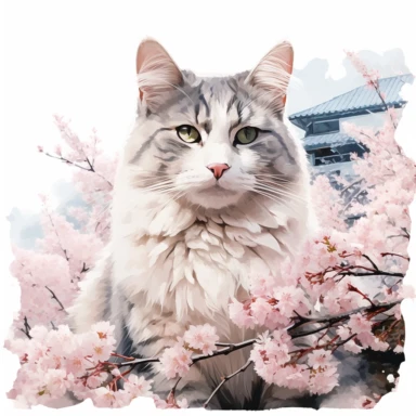 Ragdoll Cat wearing a dream-color Japanese kimono wanders under the grand Osaka Castle, surrounded by cherry blossoms in the park below. Clipart Watercolor By Yuzo Komori. clean line, on white background only, spaced out, with space around.