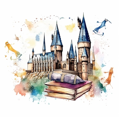 wizarding school, vector art, simple, cartoon,2d,pastel watercolor, clipart