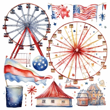 watercolor clipart set 4th of july fireworks, carousel, banner, rides, white background, photo realistic