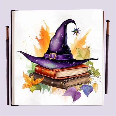 Witch Hat and Magic Book Watercolor Sublimation Clipart, Clipart, white background, no watermark, no text, no word,