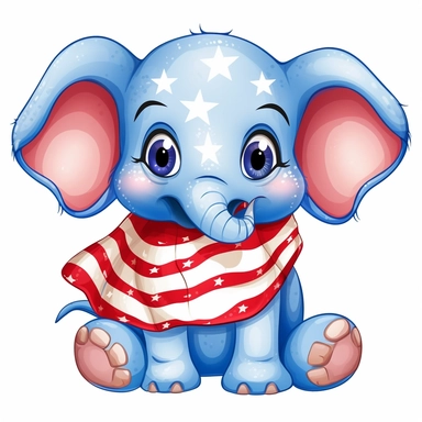 red white and blue cute happy elephant in a flag clipart isolated on a white background