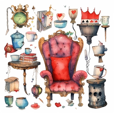 Whimsical watercolour alice in wonderland queen of hearts throne and royal items clip art