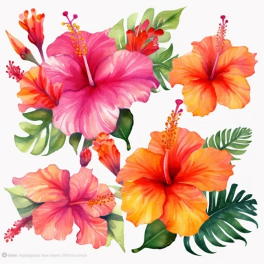Watercolor Tropical Hibiscus Clipart by Thomas W. Schallerof: A vibrant and exotic design featuring tropical hibiscus flowers in shades of pink, orange, and red on a white background. The flowers are different-size and bold, while the leaves are thick and tropical, creating a lively and festive composition