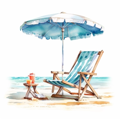 watercolor, hyper realistic, white background, white margins, 16k, ultra detailed clipart, cut out image, hand-drawn, whimsical manhwa style, ultra HD, sharp and clean art a comfy beach chair, umbrella, straw hat, beach bag, magazine, and a refreshing drink on a beach