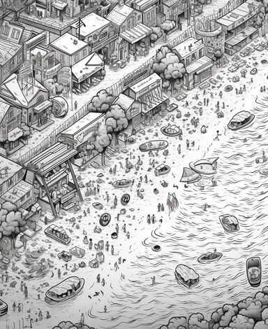 simple vector monochrome clipart, 2d outline, coloring book page with an aerial view of a beach by a lake in the style of artist Steve McDonald's Fantastic Cities. There are boats in the lake and people playing on the beach, no color, no fill
