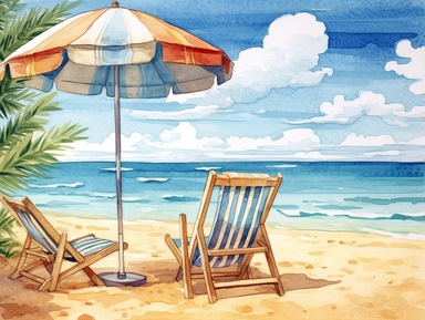 Beach towel clipart, in the background you can see the sea. Drawing with the technique of watercolor, very detailed and ultra realistic