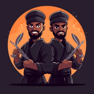 two black men ninjas, holding cooking utensils, standing back to back, stoic, clipart, cartoon style, minimal