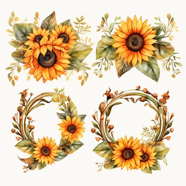Watercolor Sunflowers Clipart, sunflower wreath, fall sunflower floral bouquets in PNG format instant download for commercial use