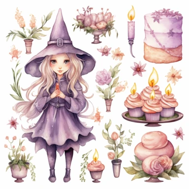 Watercolor witch character clipart sheet with a birthday theme, candles a big cake, deserts, herbs and flowers, pastel colors, different pallets, very sweet and whimsical , isolated the elements separate them with a margin in a white background