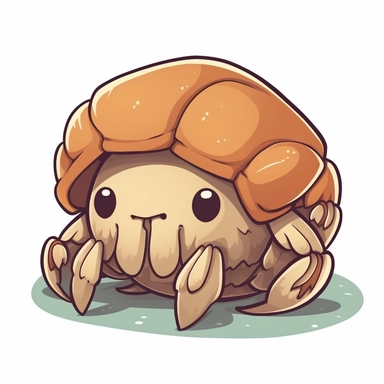 cute kawaii clipart icon of a hermit crab, full body, friendly, anime style, in white background, soft color blending, rounded