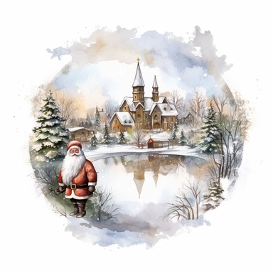 vintage design, christmas theme Watercolor Cute santa claus wearing Clipart Collection in beautiful winter landscape with a lot of snow and a small lake and small town with church, advent wreath all around, christmas theme, detailed, isolated, white background, one pattern