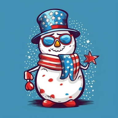 Super cute, American flag with snowman scarf and sunglasses Sublimation Clipart, Cartoon funny, Cute anime, Very detailed, firework blue background