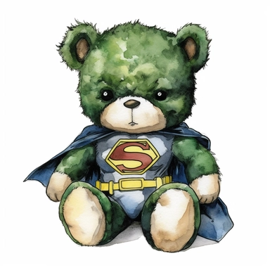 watercolor clipart super cute baby teddybear in superhero Hulk Clothes, Neal Adams