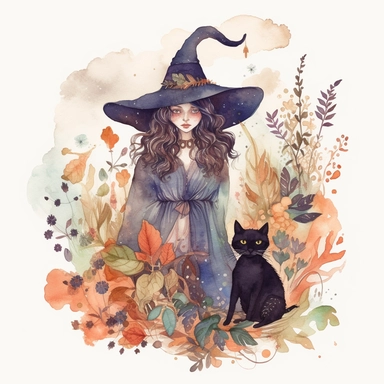 watercolor clipart of a witch surrounded by colorful herbs and crystals, with a black cat at her feet, painted in a loose and whimsical style. long, curly hair and wears a pointed hat, a cloak, and a pendant with a moonstone. The scene is lit with soft, warm light, and the colors are muted and earthy, solid background--a 3:2